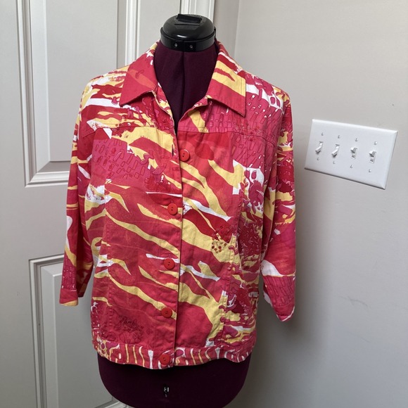 Choices Tops - Vtg Choices Womans L 100% Cotton Colorful Button Up Jacket Sequins Red Yellow